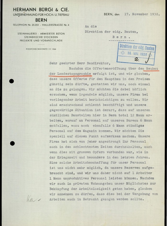 Lettre de Herrmann Bürgi & Cie, Berne, à la Direction fédérale des constructions, 17 novembre 1938 (Source: Archives fédérales suisses)