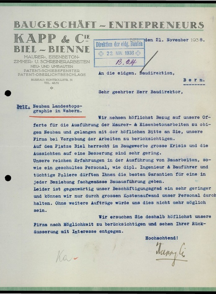 Schreiben des Baugeschäfts Kapp & Cie. Biel – Bienne an die eidgenössische Baudirektion vom 21. November 1938 (Quelle: Schweizerisches Bundesarchiv)